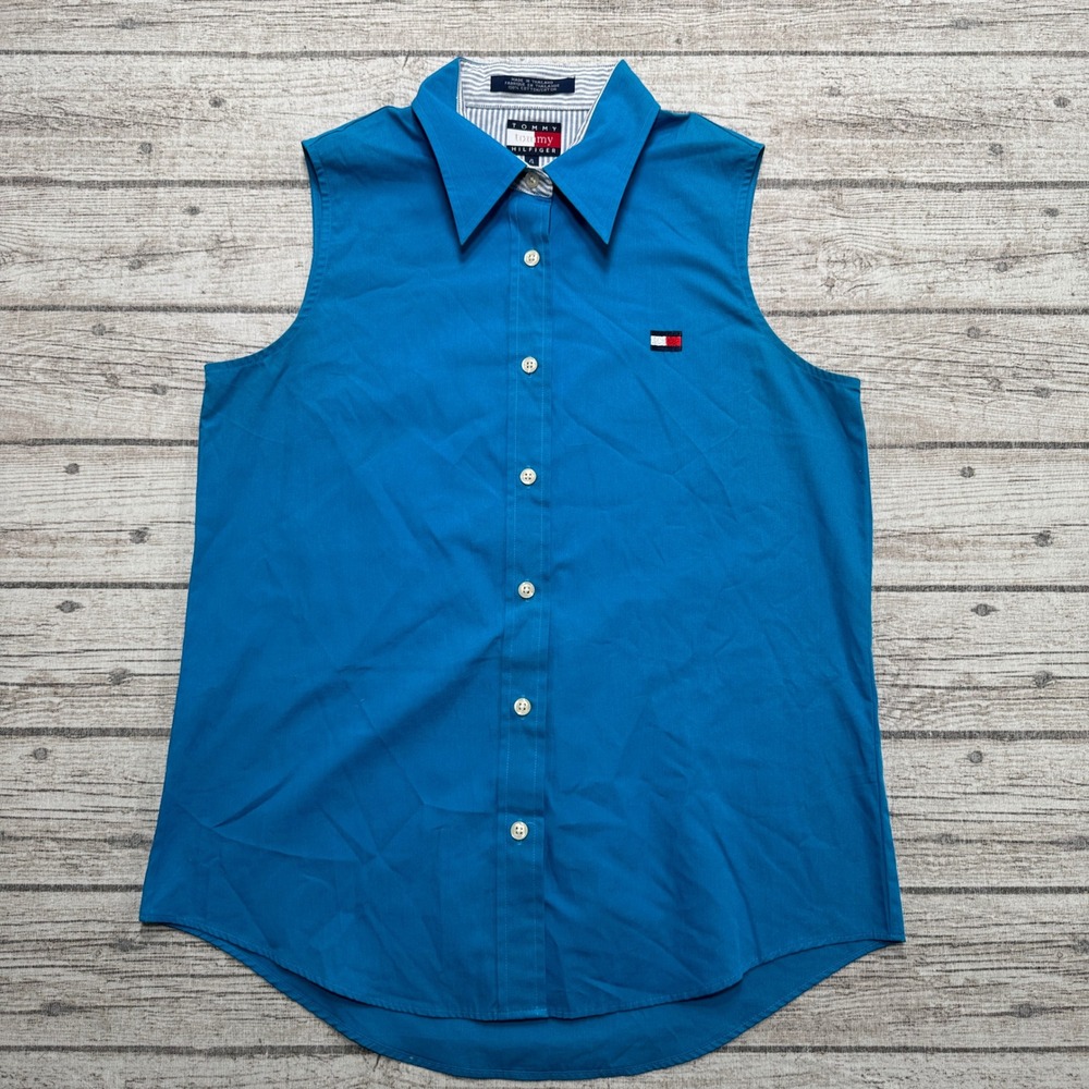 Tommy Hilfiger Polo Shirt Women's 4 Blue Sleeveless Button Down Cotton Preppy